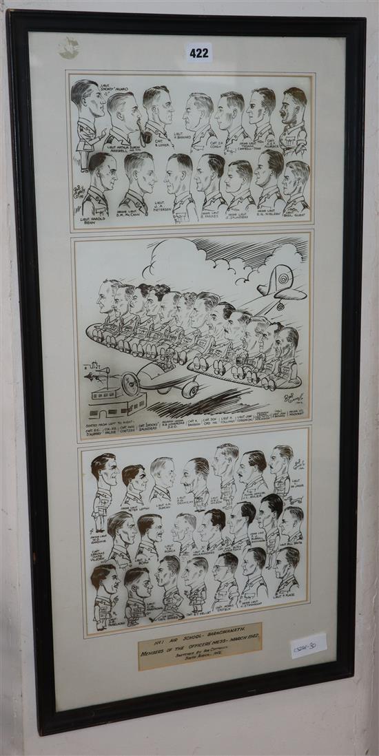 WWII Interest: Bob Connolly, three pen and ink caricatures, No.1 Air School Baragwanath; Officers Mess